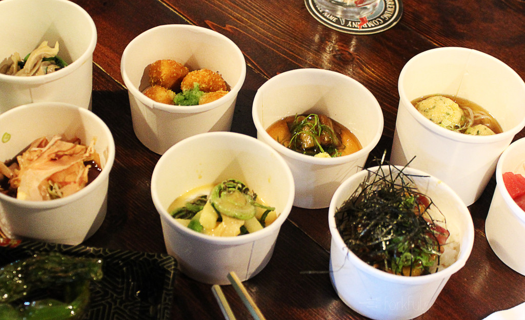 L to R: Kushiage, Oshitashi, Japanese Lionfish Matzo Ball Soup, Hiyayakko, Scallion Mustard Miso Shellfish with White Asparagus, Tuna Natto with Rice